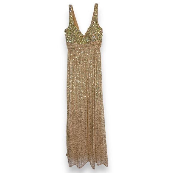 La Femme Gown Beaded Dress Gold Sequin Rhinestone Evening Tall 6 - Picture 6 of 17